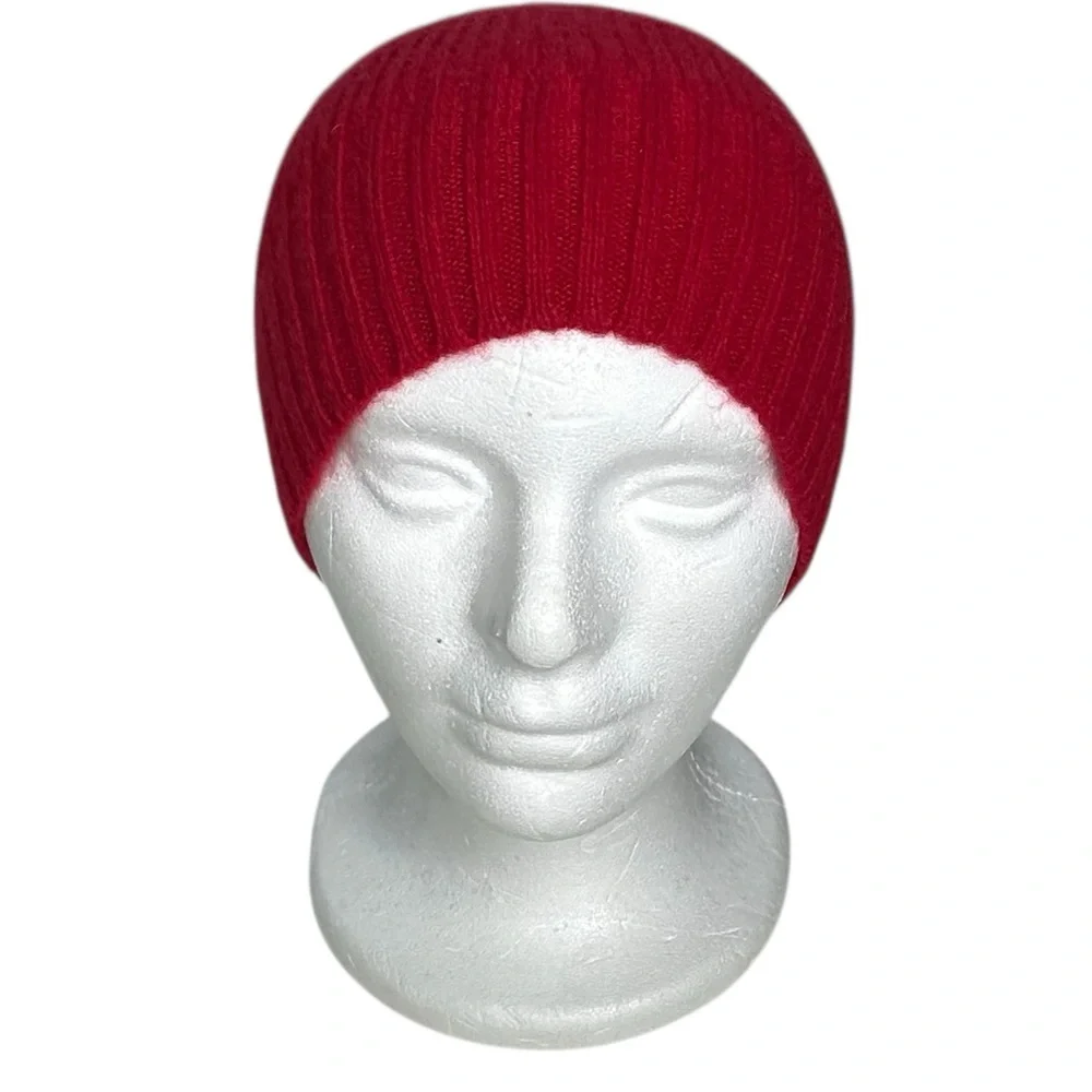 Nordstrom 100% Cashmere Ribbed Knit Beanie Hat Red Slouchy or Cuffed OS NWT